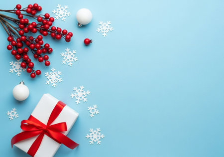 Christmas background with red berries, gift box and snowflakes on blueの写真素材