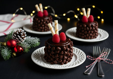 Chocolate cake with raspberries and chocolate sprinkles on a black backgroundの写真素材