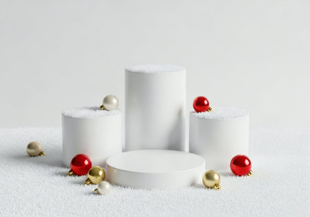 White podium with christmas baubles and balls on white backgroundの写真素材