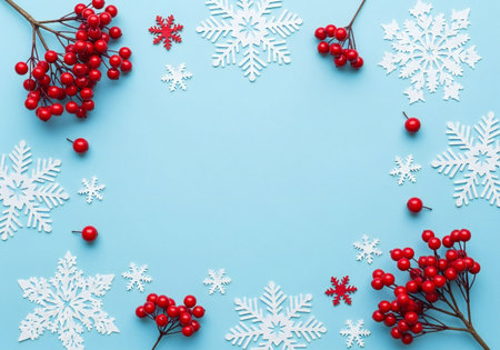 Christmas composition. Frame made of snowflakes and red berries on blue background. Flat lay, top view, copy spaceの写真素材