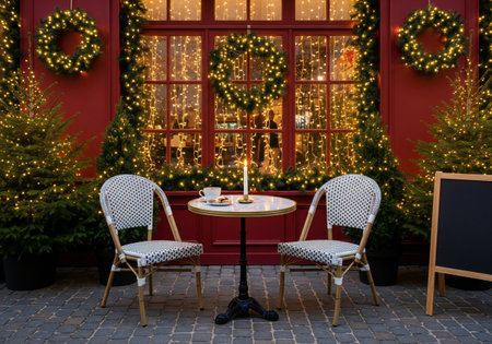 Tables and chairs on the terrace of a restaurant decorated for Christmasの写真素材