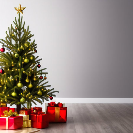 Christmas tree with presents in front of a gray wall. 3d renderingの写真素材
