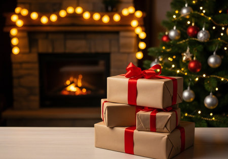 Christmas presents on a wooden table in front of a fireplace in the living roomの写真素材
