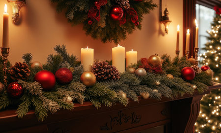 Christmas decoration with candles on mantelpiece in room, closeupの写真素材