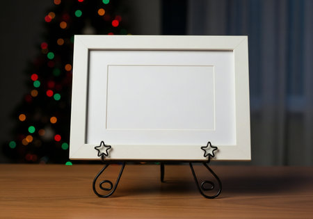 Blank photo frame on wooden table with Christmas tree in the backgroundの写真素材