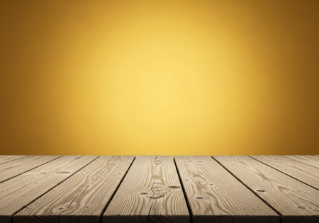 Empty wooden table over yellow background. Ready for product display montageの写真素材