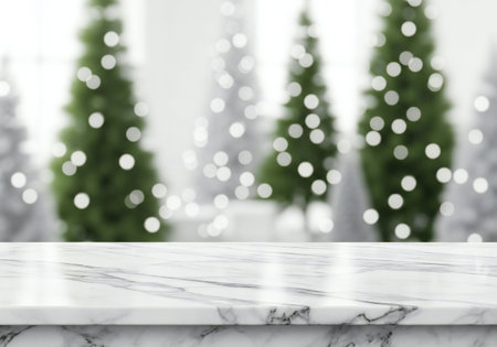 White marble table top with christmas tree bokeh background.の写真素材