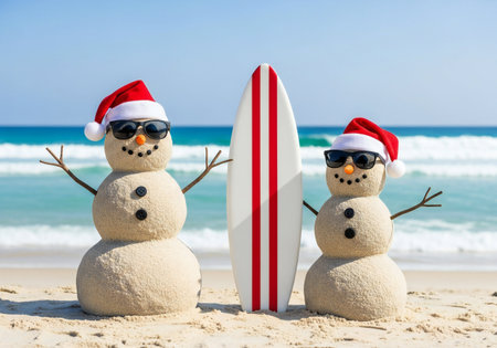 Snowman and surfer with surfboard on the beach, Christmas conceptの写真素材
