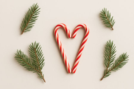 Christmas background with fir tree branches, candy canes and red heartの写真素材