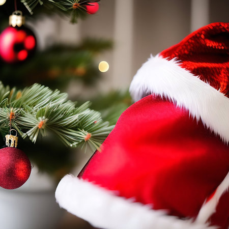 Santa Claus hat hanging on a Christmas tree with red baublesの写真素材