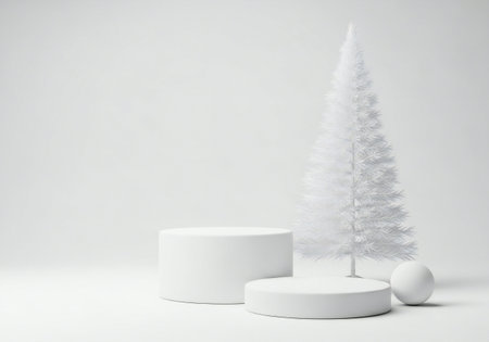White christmas tree and podium on white background. 3d renderの写真素材