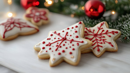 Christmas gingerbread cookies in the form of a star and a Christmas tree on a white wooden backgroundの写真素材