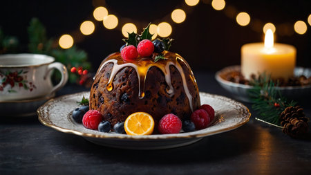 Christmas bundt cake with chocolate glaze and fresh berries on dark backgroundの写真素材