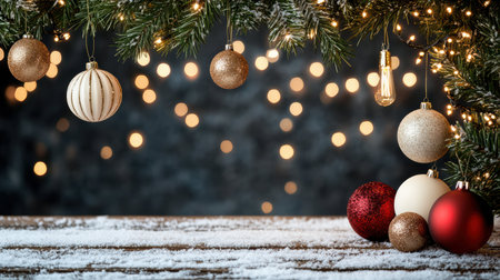 Christmas background with baubles and fir branches on wooden board with copy spaceの写真素材