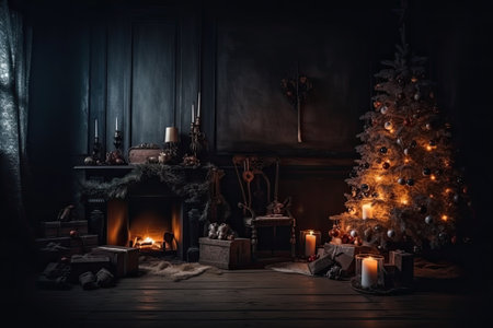 Christmas tree with presents near fireplace in dark room at night. Holiday concept.の写真素材