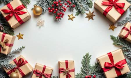 Christmas background with fir tree branches, gift boxes and decorations. Top view with copy spaceの写真素材