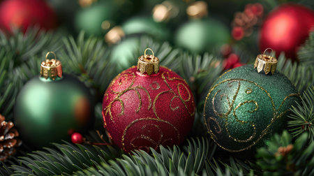 Christmas background with baubles and fir tree branches, closeupの写真素材