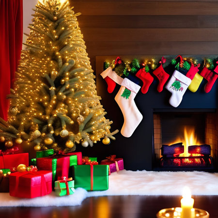 Christmas tree, gifts and fireplace on a wooden floor in the living roomの写真素材