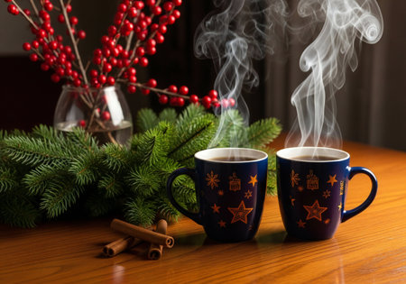 Two cups of coffee with christmas decoration on a wooden table.の写真素材