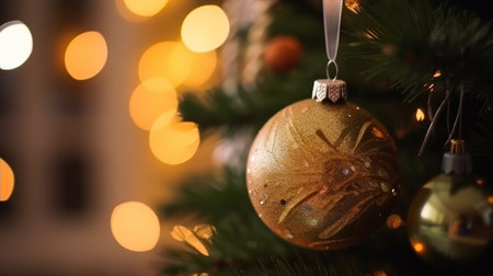 Christmas tree decorated with golden baubles on bokeh backgroundの写真素材