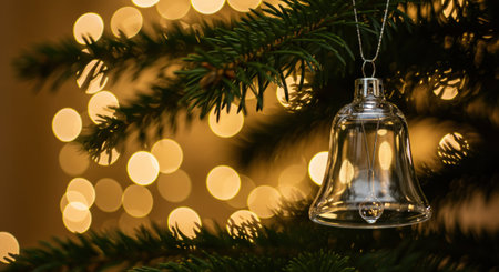Christmas bell hanging on a branch of a Christmas tree with bokeh backgroundの写真素材