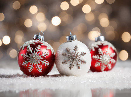 Christmas decoration on bokeh background, snowflakes and ballsの写真素材