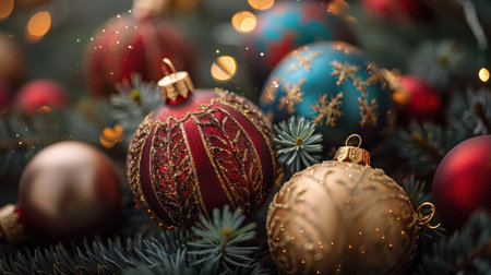 Christmas decoration with fir tree branches and baubles on blurred backgroundの写真素材