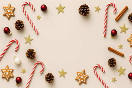 Christmas or New Year background with candy canes, fir cones, cinnamon sticks, gingerbread cookies and red baubles. Flat lay, top view.の写真素材