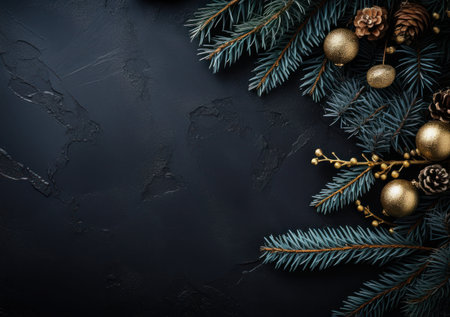 Christmas greeting card. Festive decoration on black background. New Year concept. Copy space. Flat lay. Top view.の写真素材