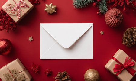 top view of white paper envelope with christmas decoration on red backgroundの写真素材