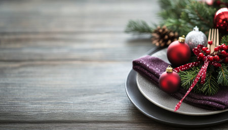 Christmas table setting with christmas tree and decorations on rustic wooden backgroundの写真素材