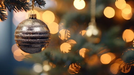 Christmas tree with baubles on blurred lights background, closeupの写真素材