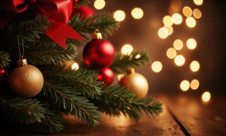 Christmas tree with decorations on wooden table against bokeh lights backgroundの写真素材
