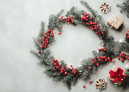 Christmas wreath with red berries and gift boxes on gray background. Flat lay, top viewの写真素材
