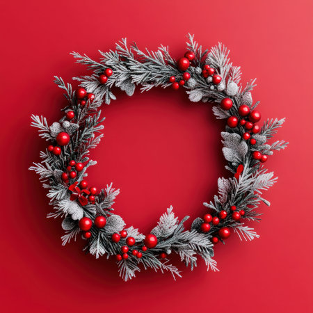 Christmas wreath with red berries on red background. Top view.の写真素材