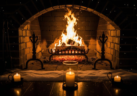Fireplace with burning candles. Christmas and New Year concept.の写真素材