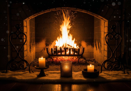 Burning fire in the fireplace at night. Decoration element.の写真素材