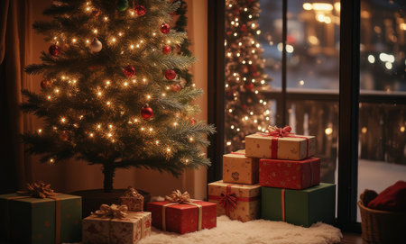 Christmas tree with gifts in the living room on a background of the windowの写真素材