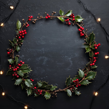 Christmas wreath with holly and red berries on black background. Top view, copy spaceの写真素材