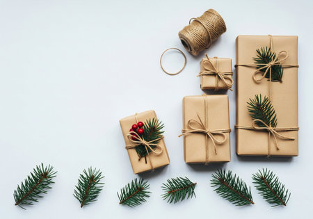 Christmas composition. Gifts, fir branches on white background. Flat lay, top view, copy spaceの写真素材