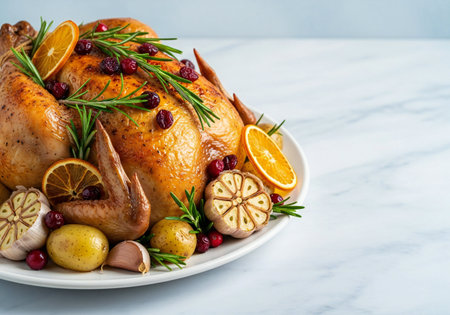 Baked whole chicken with cranberries, oranges and rosemary on white marble tableの写真素材