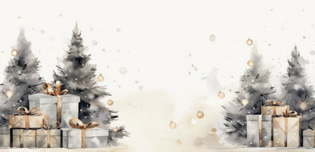 Watercolor Christmas background with Christmas trees, gifts and snowflakesの写真素材