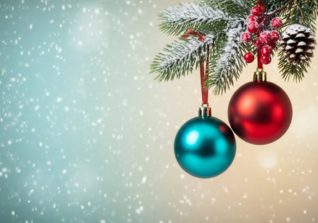 Christmas tree branch with red and blue baubles on snow backgroundの写真素材