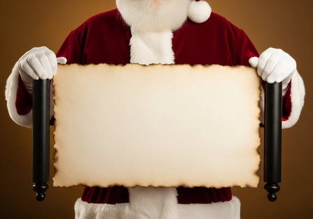 Close-up of Santa Claus holding blank sheet of paper on brown backgroundの写真素材