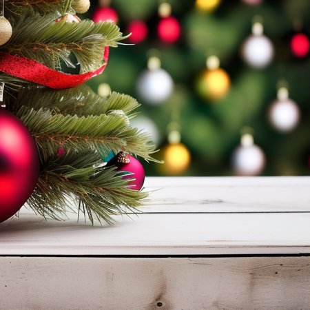 Christmas tree with decorations on a white wooden table against a blurred backgroundの写真素材