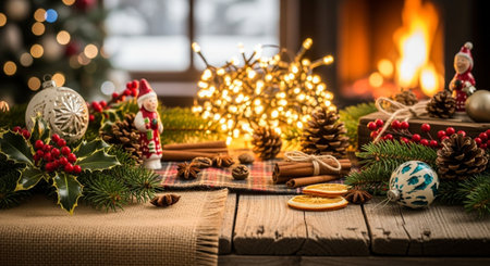 Christmas decoration on rustic wooden table with christmas tree and fireplaceの写真素材