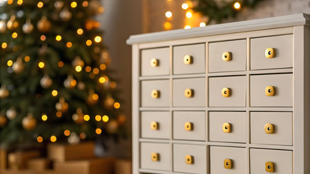 White chest of drawers in room with Christmas tree, closeupの写真素材