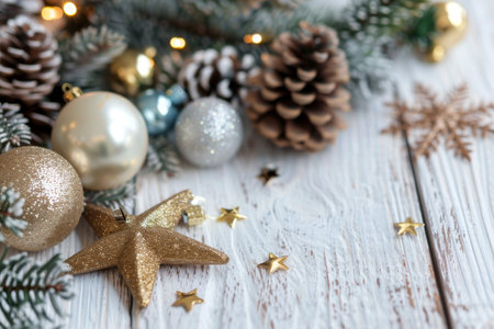 Christmas and New Year background. Decorations and fir branches on a wooden background.の写真素材
