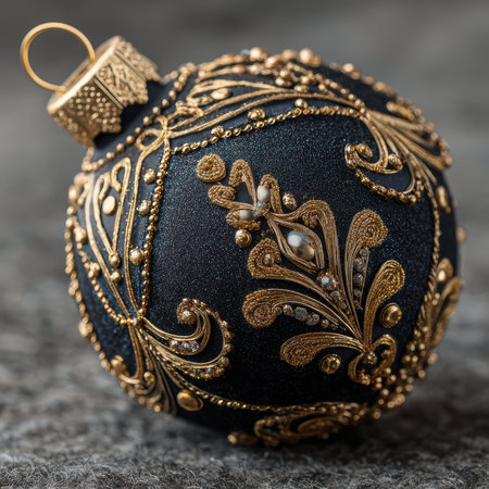 Black and gold christmas ball on a gray background. Close up.の写真素材