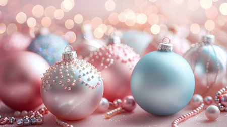 Christmas background with blue and pink baubles on bokeh backgroundの写真素材